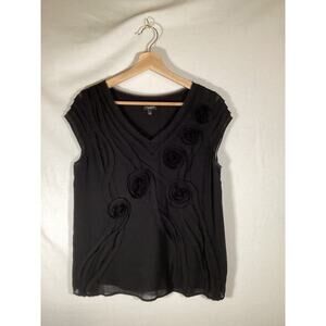 Talbots Silk Black Flower Embellished Lined Cap Sleeve Blouse Womens‎ 4 Shirt